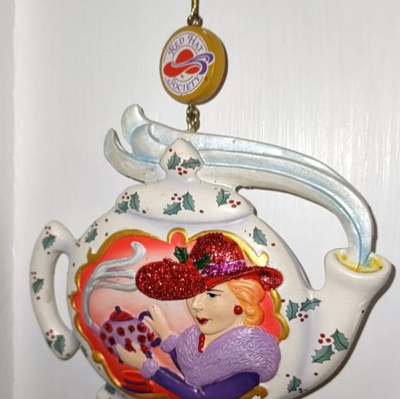 Glitter Tea Pot Red Hat Society Club Hanging Ornament - Picture 4 of 8